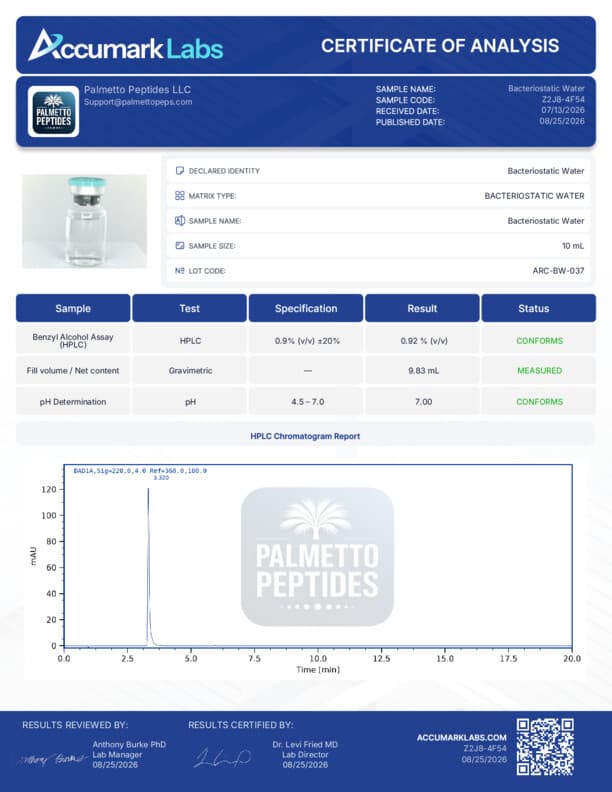 Bacteriostatic Water Certificate of Analysis - AccuMark Labs COA verified
