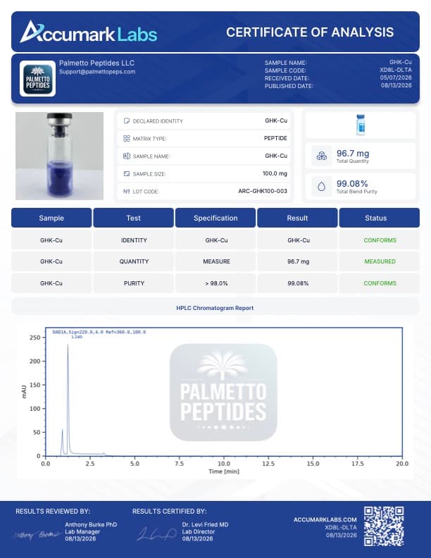 GHK-Cu 50mg/100mg Copper Peptide | Anti-Aging & Collagen Research | ≥98% Purity | COA Verified certificate of analysis - Palmetto Peptides