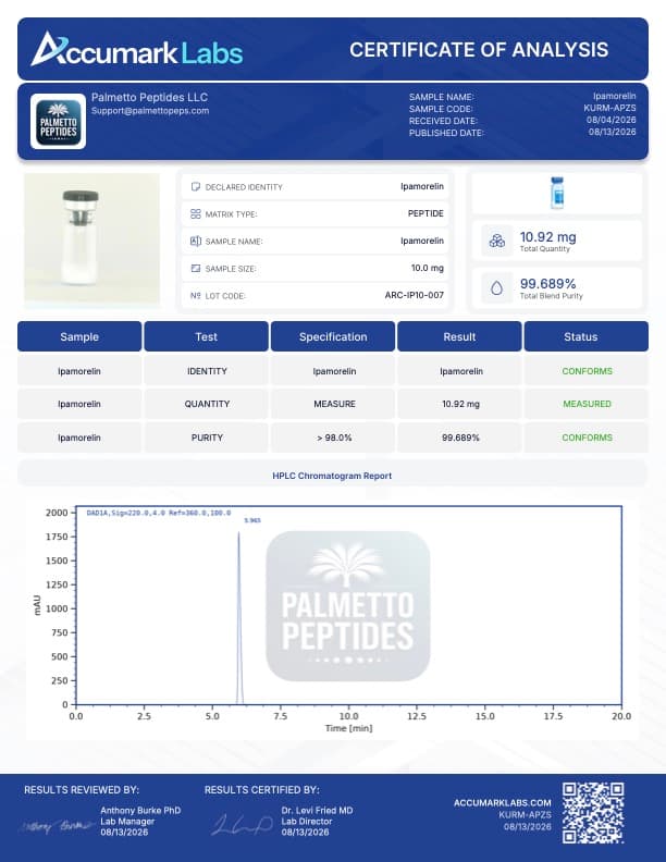 Ipamorelin 10mg Research Peptide | Selective GHRP | Growth Hormone Research | COA Verified certificate of analysis - Palmetto Peptides