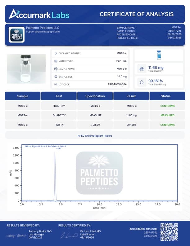 MOTS-C 10mg Research Peptide | Mitochondrial Peptide | Metabolic & Exercise Research | COA Verified certificate of analysis - Palmetto Peptides
