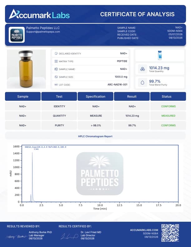 NAD+ 500mg Research Supplement | Cellular Energy & Anti-Aging Research | COA Verified certificate of analysis - Palmetto Peptides