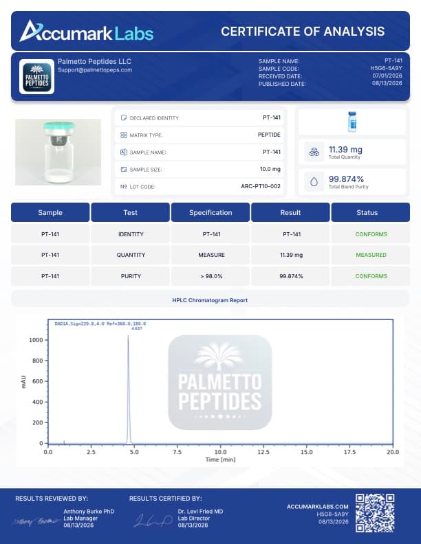 PT-141 10mg (Bremelanotide) Research Peptide | Melanocortin Receptor Research | COA Verified certificate of analysis - Palmetto Peptides