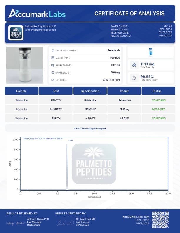 Retatrutide 10mg/20mg Research Peptide | Triple Agonist | Metabolic & Weight Loss Research | COA Verified certificate of analysis - Palmetto Peptides