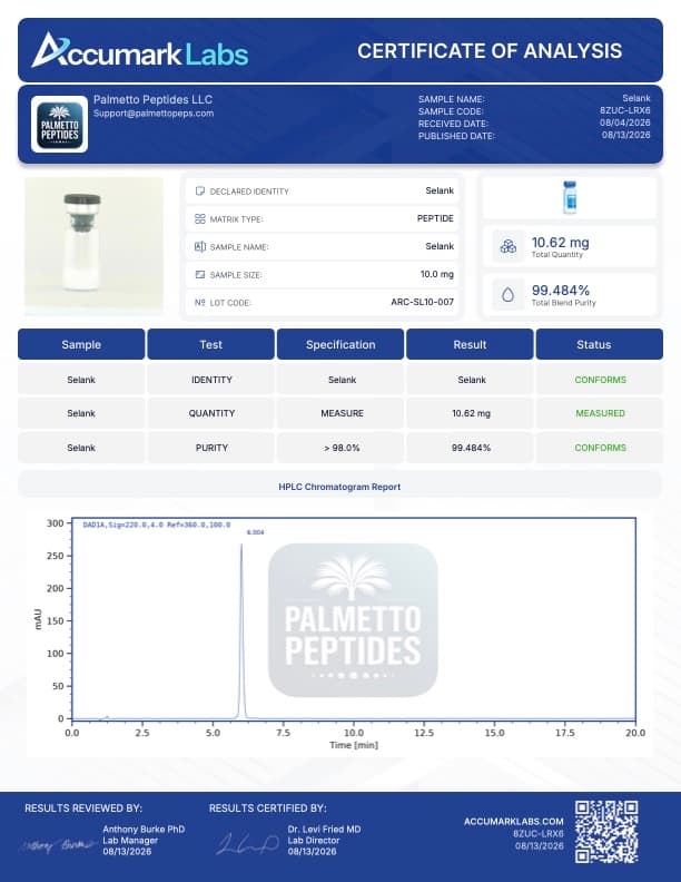 Selank 10mg Research Peptide | Anxiolytic & Nootropic Research | COA Verified certificate of analysis - Palmetto Peptides