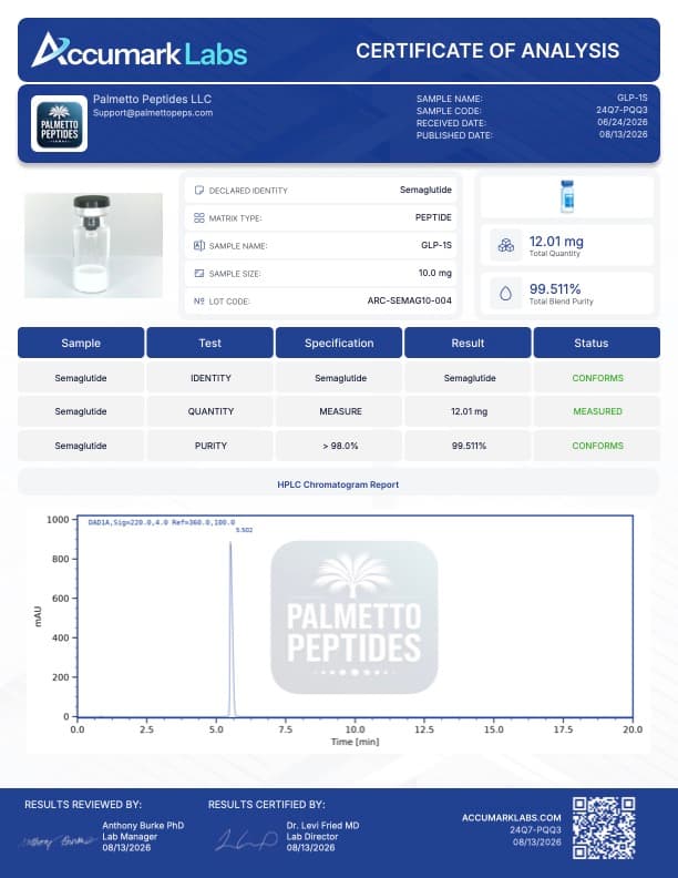 Semaglutide 5mg/10mg Research Peptide | GLP-1 Agonist | Metabolic & Diabetes Research | COA Verified certificate of analysis - Palmetto Peptides