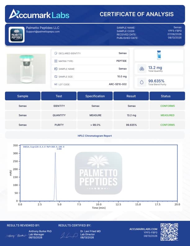 Semax 10mg Research Peptide | Nootropic & Neuroprotective Research | COA Verified certificate of analysis - Palmetto Peptides