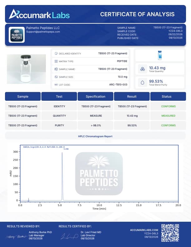 TB-500 5mg/10mg Research Peptide | Thymosin Beta-4 Fragment | Tissue Repair Research | COA Verified certificate of analysis - Palmetto Peptides